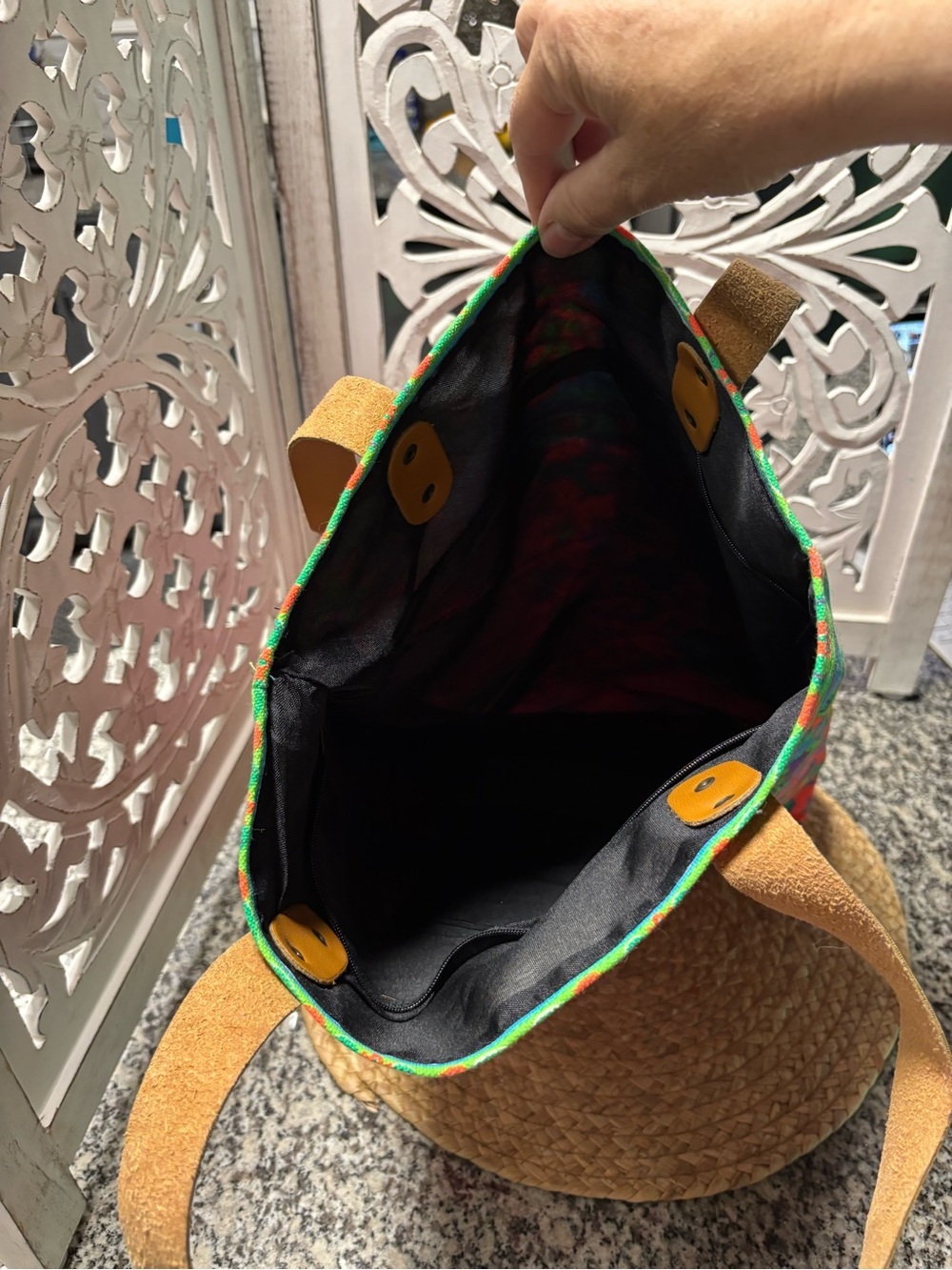 Colorful Floral Canvas Tote Bag with Leather Handles - Picture 8 of 11